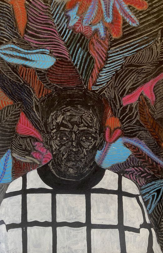 Dessin abstrait d'un homme de couleur avec un haut blanc à carreaux et un fond remplit de formes diverse et coloré