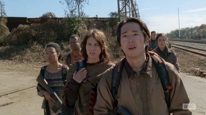 Image de la saison 4 avec Glenn, Maggie, Sasha, Bob, Tara et Eugène qui sont au Terminus