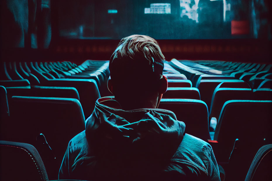 Homme qui regarde un film sur un écran de cinéma