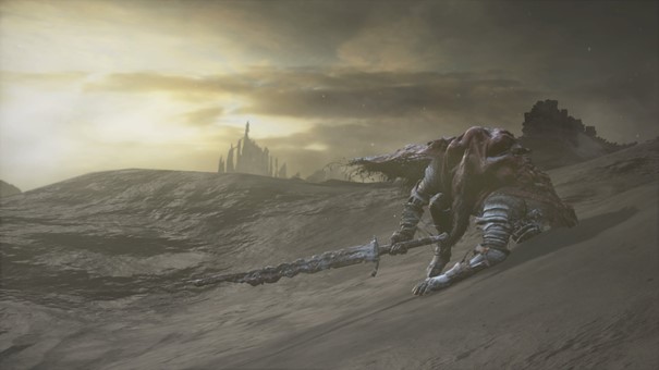 Image de Gael le chevalier-esclave le meilleur boss de dark souls 3 dans son arène déserte 